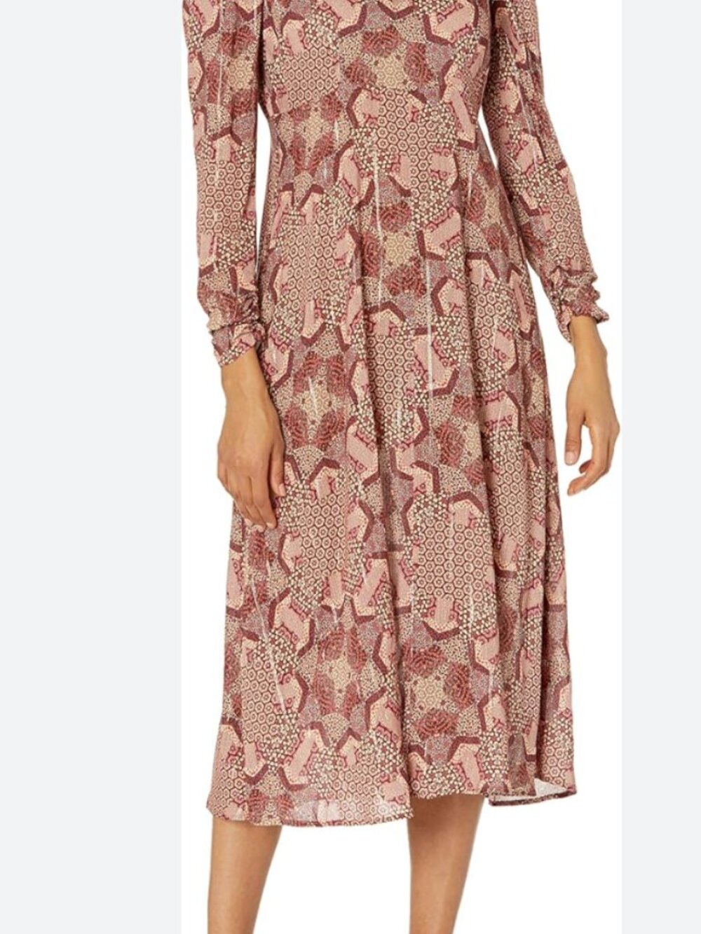 Johnny Was DONOVAN Long Sleeve Pink and Brown Printed Midi Dress - Picture 6 of 6